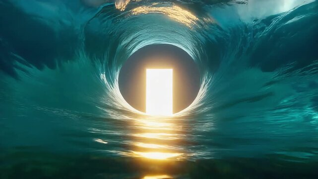 Surreal ocean wave with a glowing rectangular portal