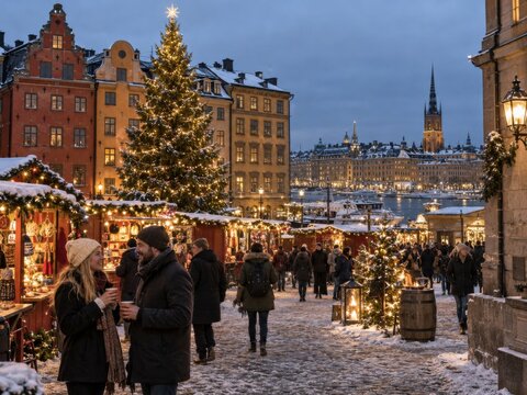 Weihnachtliches Stockholm mit gro&szlig;em Christbaum, festlich beleuchteten Marktst&auml;nden und verschneiten Altstadth&auml;usern bei stimmungsvoller Winterd&auml;mmerung in Schwedens Hauptstadt.