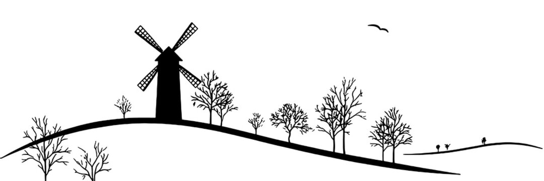 Vintage windmill silhouette on rolling hills, rustic rural landscape with bare trees, minimalist black and white countryside horizon line art