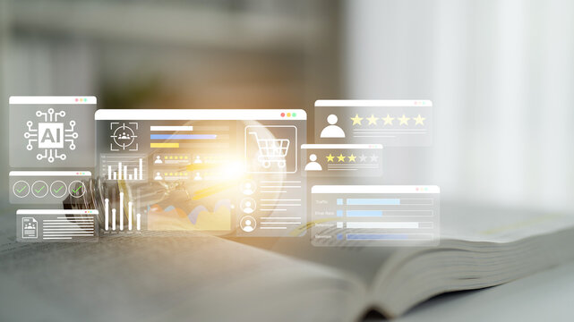 Digital interface showcasing artificial intelligence graphics and user feedback reviews, set against a blurred workspace with an open book, representing innovation and analysis. Gantry