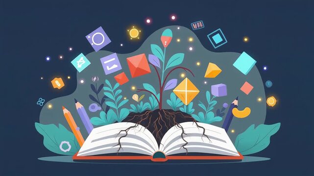 Open book with growing plant and pencils on dark blue background
