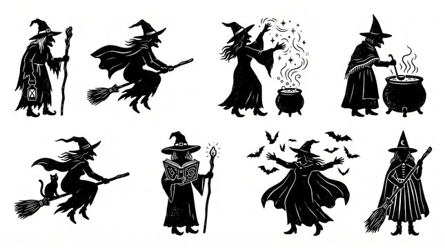 Set of Halloween witch silhouettes flying on brooms and casting spells with magic cauldrons