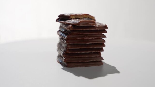A tall stack of chocolate-covered crackers slowly rotates on a white surface. The top piece has a bite taken from it, revealing a golden filling.
