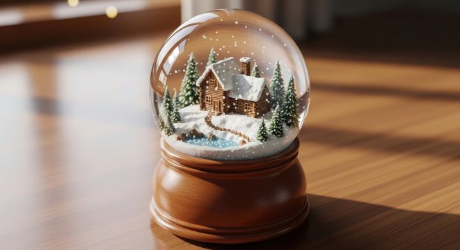 Christmas snow globe with a wooden house and pine trees inside illustration