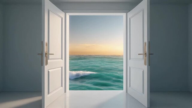 Open double doors in a minimalist room with natural light