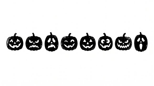 Set of eight black Halloween jack-o-lantern pumpkin icons with various spooky facial expressions
