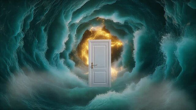 Surreal white door standing in a swirling ocean tunnel