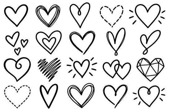 Hand drawn heart doodle collection featuring diverse artistic styles including sketch outline dashed lines and geometric patterns for creative design projects displayed on transparent background