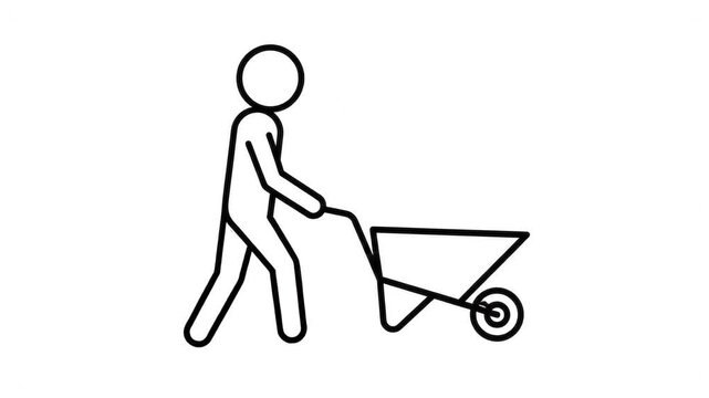 Animated Black and White Stick Figure Pushing Wheelbarrow Factory Concept