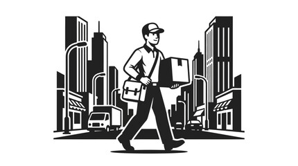 Obraz premium Professional Black and White of Courier Delivering Package in Urban Cityscape with Skyscrapers with high quality professional line art symbols for modern creative design and digital branding projects