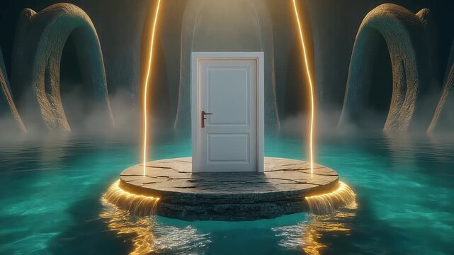 Surreal digital art of a white door standing on a floating rock platform