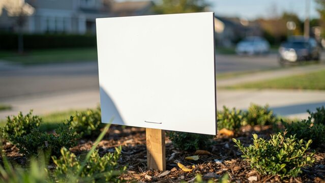 Blank white yard sign on a wooden stake in a garden bed with a blurred street real estate mockup