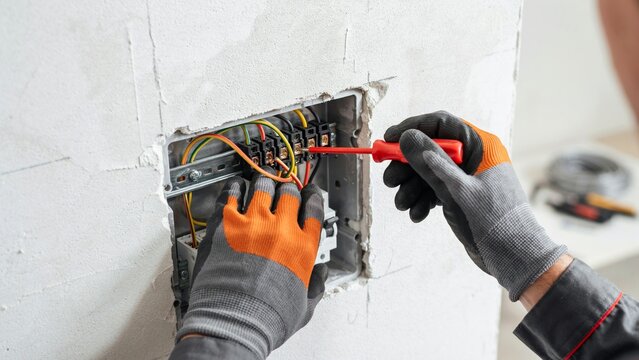 Electrician testing an outlet with a screwdriver while exposed wires hang from a white wall