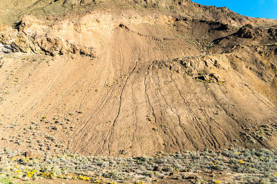 Canada, BC, Lillooet.  Signs of erosion on a muddy cliff.