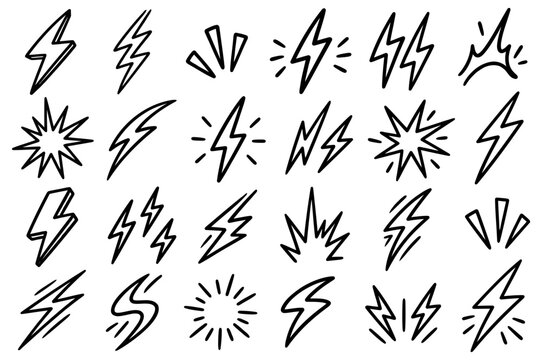 Hand drawn collection of various lightning bolt shapes and electrical strike energy icons featuring sharp black ink lines isolated in a set on transparent background