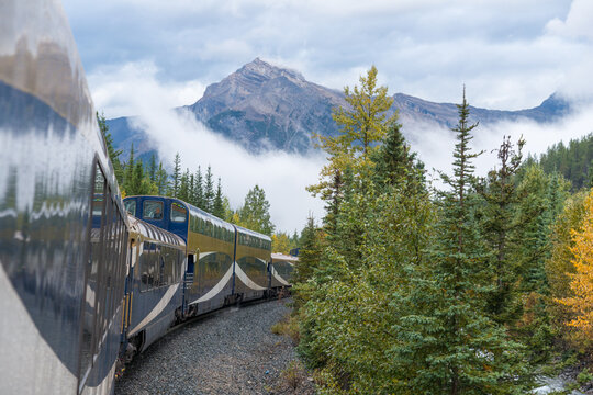 Canada, Alberta, Banff National Park.  Passenger train en route through the Rocky Mountains.  Viewed from the train