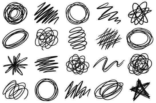 Hand drawn collection of various messy ink scribbles and chaotic circular sketches featuring thick black marker lines isolated for creative design work on transparent background