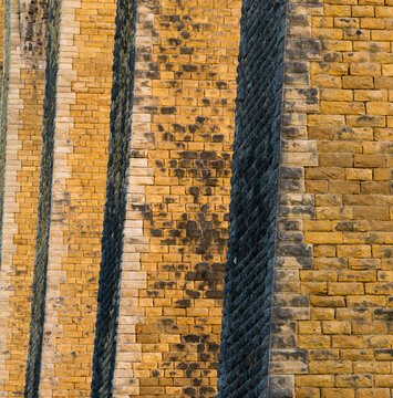 France, Dordogne, Souillac.  Detail of railway bridge viaduct crossing a valley.