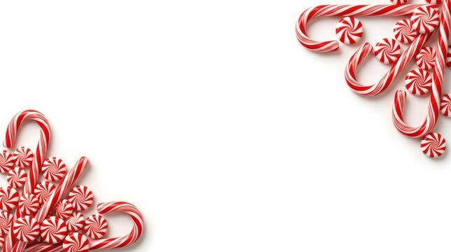 Festive christmas candy canes arranged in corners creating a white copy space background for seasonal holiday greeting cards