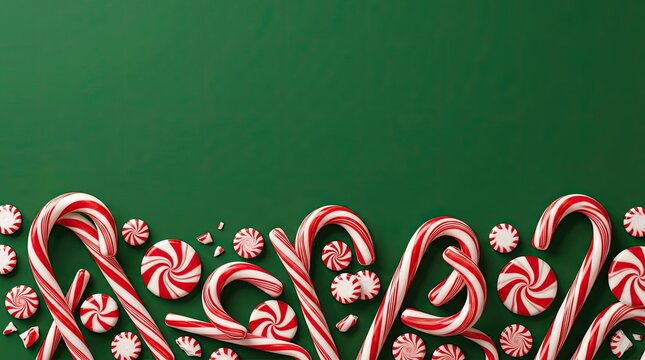 Festive christmas candy canes and peppermint swirls arranged on a dark green background with copy space for text