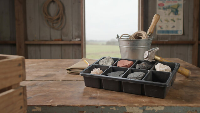 Collection of rocks and geological tools in a rustic shed