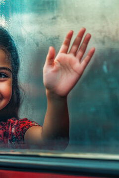 A young girl sticks her head out of a train window, waving goodbye to someone or something. vertical frame