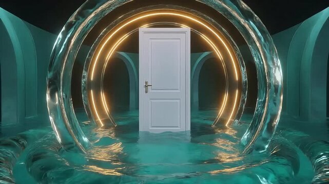 Abstract surreal portal with a white door in a water temple