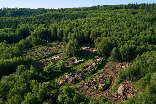 Timber harvesting zone with organized log piles and preserved buffer strips in dense forest