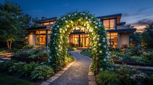 Modern luxury house facade at twilight with a glowing floral archway and garden path