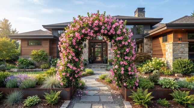 Modern house entrance featuring a vibrant pink floral arch and stone path