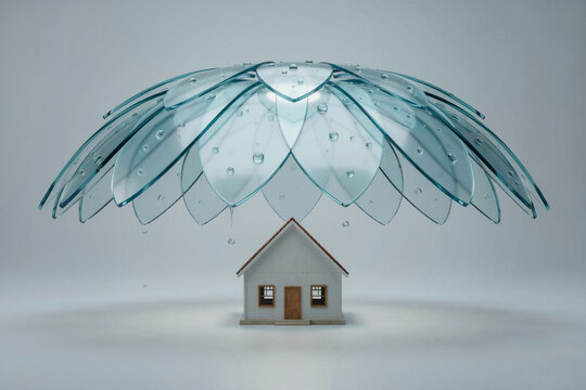 Transparent glass flower umbrella protecting a miniature white house with red roof from raindrops