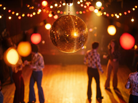 Retro 1970s style disco ball hanging above a golden dance floor