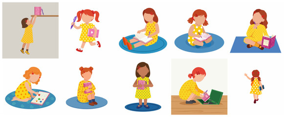 Fototapeta premium Flat vector illustration set of a young girl reading, writing, studying, and carrying books for school, education, and childhood learning concepts.