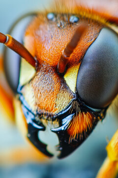 A detailed look at a bee's facial features. vertical frame