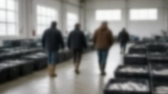 Buyers moving across a bright fish market auction floor, Full Gaussian Blur Abstract