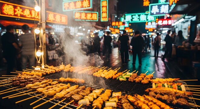 Street food market with grilled meat skewers on a busy night in city