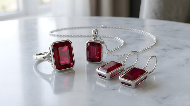 Elegant ruby jewelry set with emerald cut red gemstones, silver ring and necklace with matching earrings, luxury bridal accessories