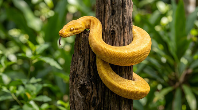 Vibrant yellow python coiled on weathered wood, exotic golden snake in tropical jungle, reptile wildlife photography