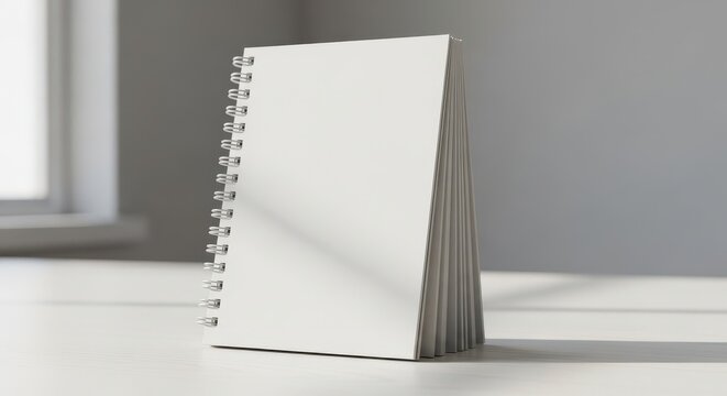 Blank spiral notebook standing on office desk mockup