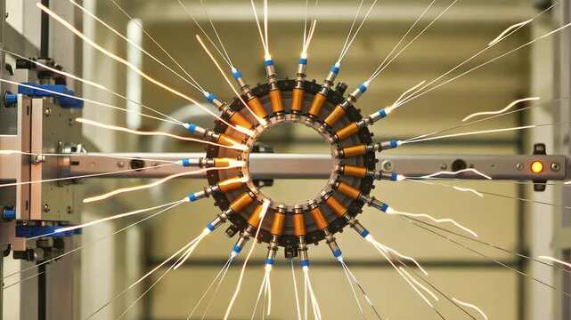 Energy Streaks Racing Along Particle Accelerator Ring, Amber Volumetric Light, Cinematic 4K