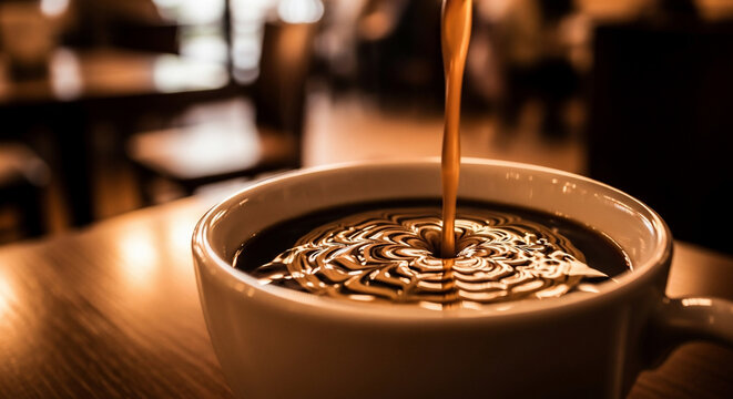 Closeup of coffee being poured into a white ceramic cup creating a beautiful swirl pattern on the surface in a cafe setting