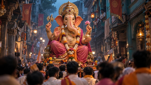 Grand ganesh chaturthi street procession featuring decorated lord ganesha puja idol flowers lanterns devotees and traditional festive neighborhood celebration during evening worship