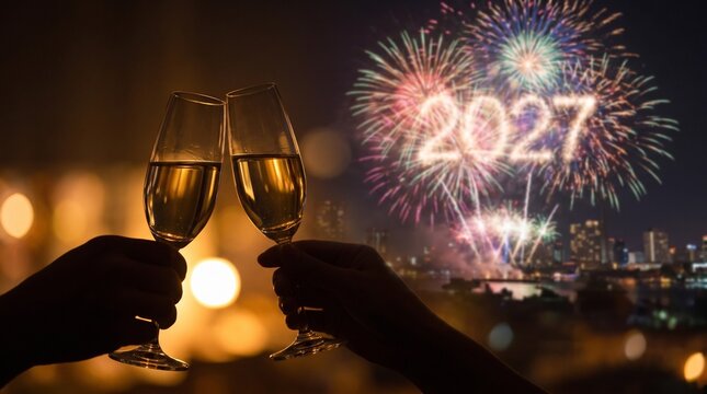 New Year 2027 celebration with champagne toast, festive fireworks over city skyline, holiday party atmosphere