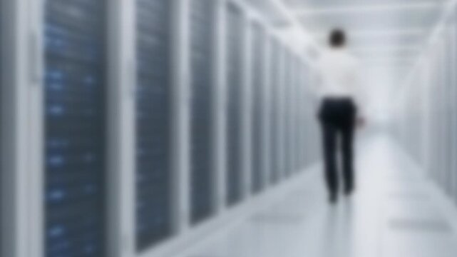 Technician walking down a bright white data center aisle, Full Gaussian Blur Abstract