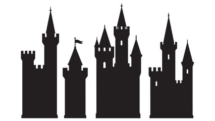 Fototapeta premium Black silhouette castle towers with flags illustration