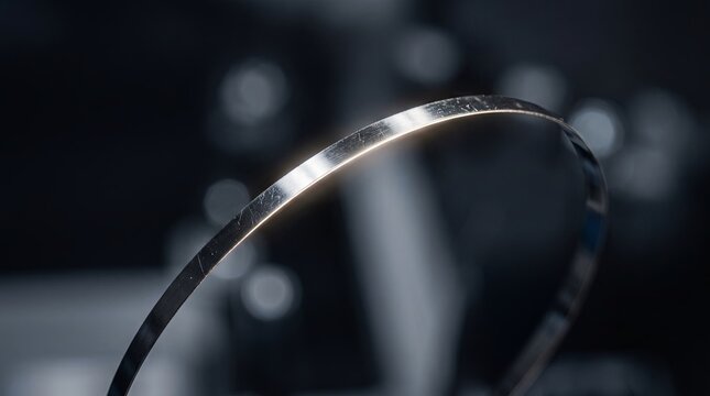 Closeup of curved stainless metal strip with scratches reflecting studio lights