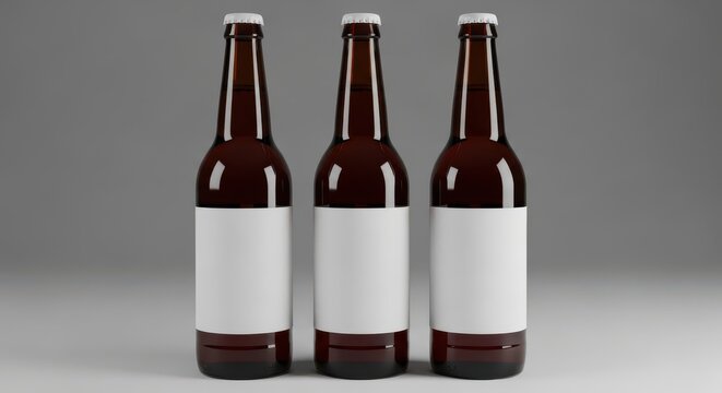 Three brown beer bottles with blank white labels