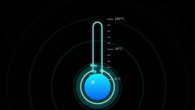 Glowing digital thermometer animation displaying rising temperature levels on black background