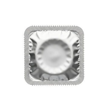 Square silver condom foil wrapper isolated on white background for sexual health concept