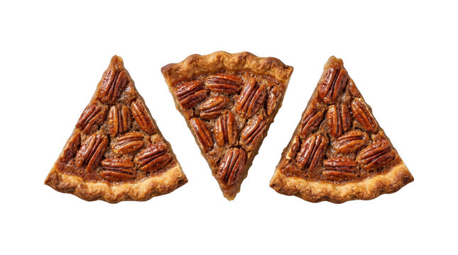 Three slices of pecan pie isolated on transparent background